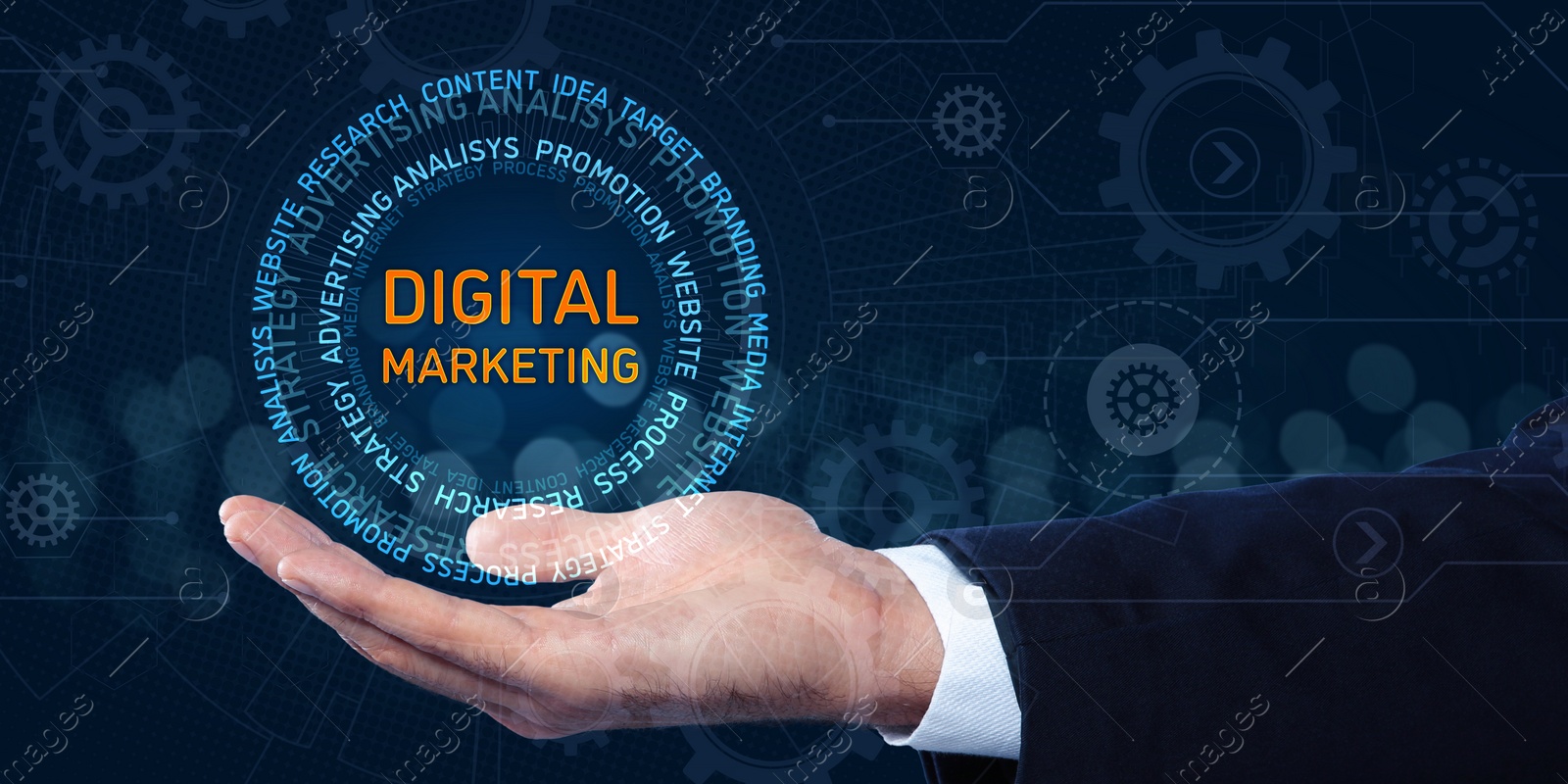 Image of Digital marketing. Businessman showing virtual words on dark blue background, closeup. Banner design