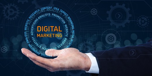 Digital marketing. Businessman showing virtual words on dark blue background, closeup. Banner design