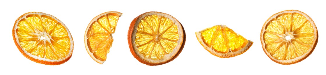 Image of Collage with dry orange slices on white background, banner design