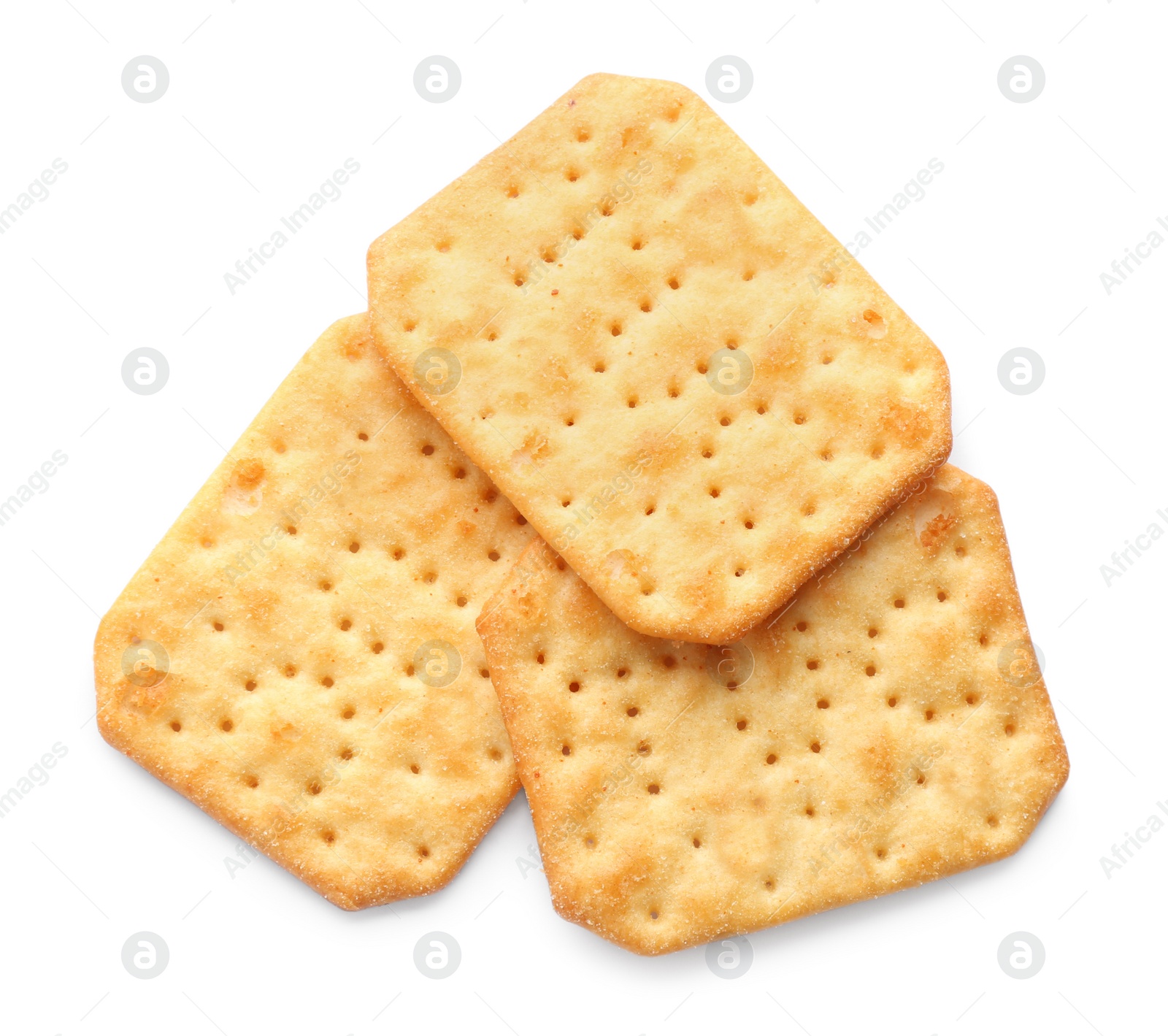 Photo of Delicious crispy crackers isolated on white, top view