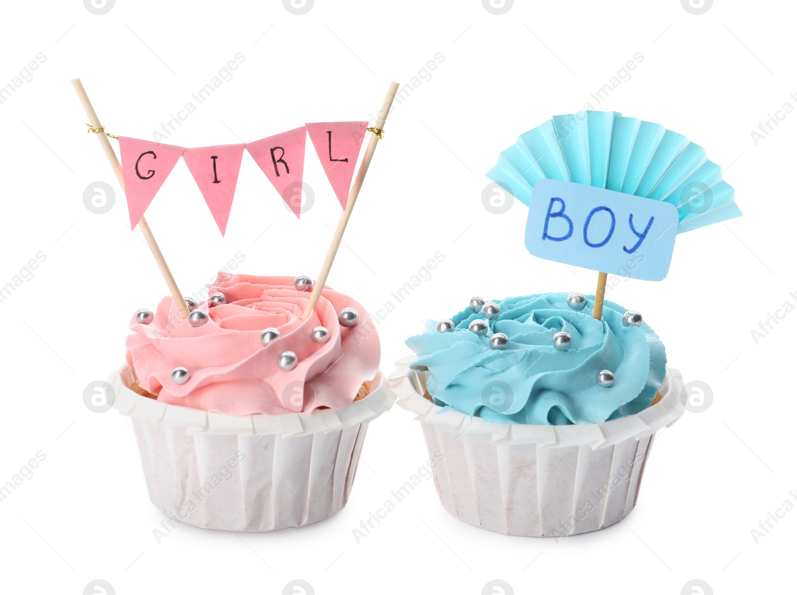 Photo of Baby shower cupcakes with Boy and Girl toppers on white background