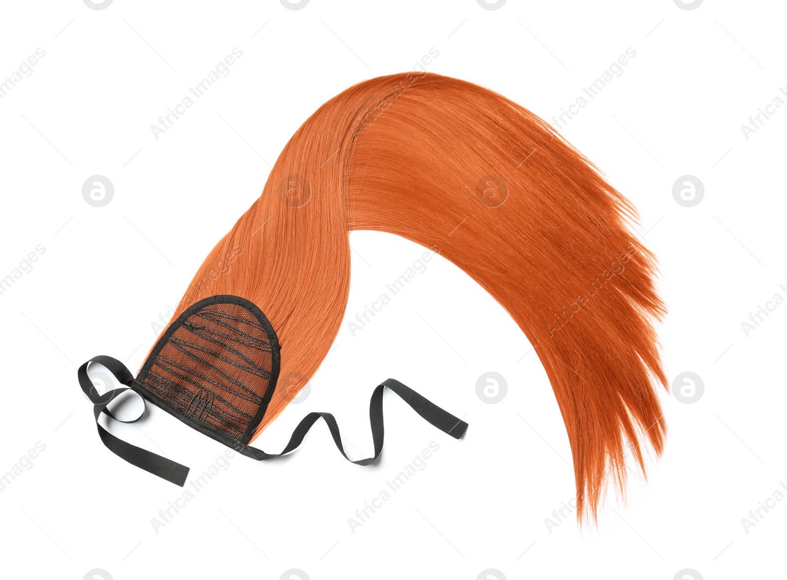 Photo of Lock of straight red hair on white background, top view