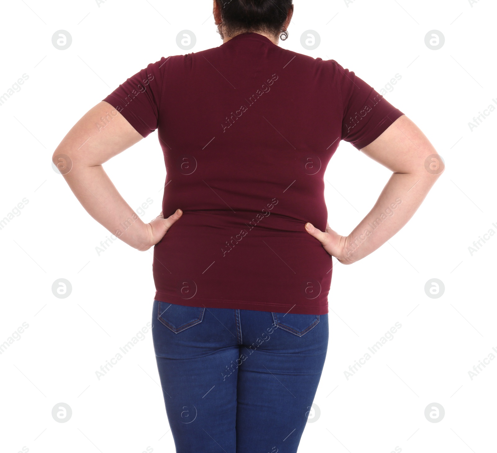 Photo of Overweight woman on white background, closeup. Weight loss