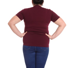 Overweight woman on white background, closeup. Weight loss