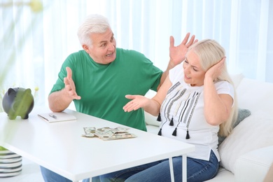 Photo of Mature couple with money and piggy bank having argument at table