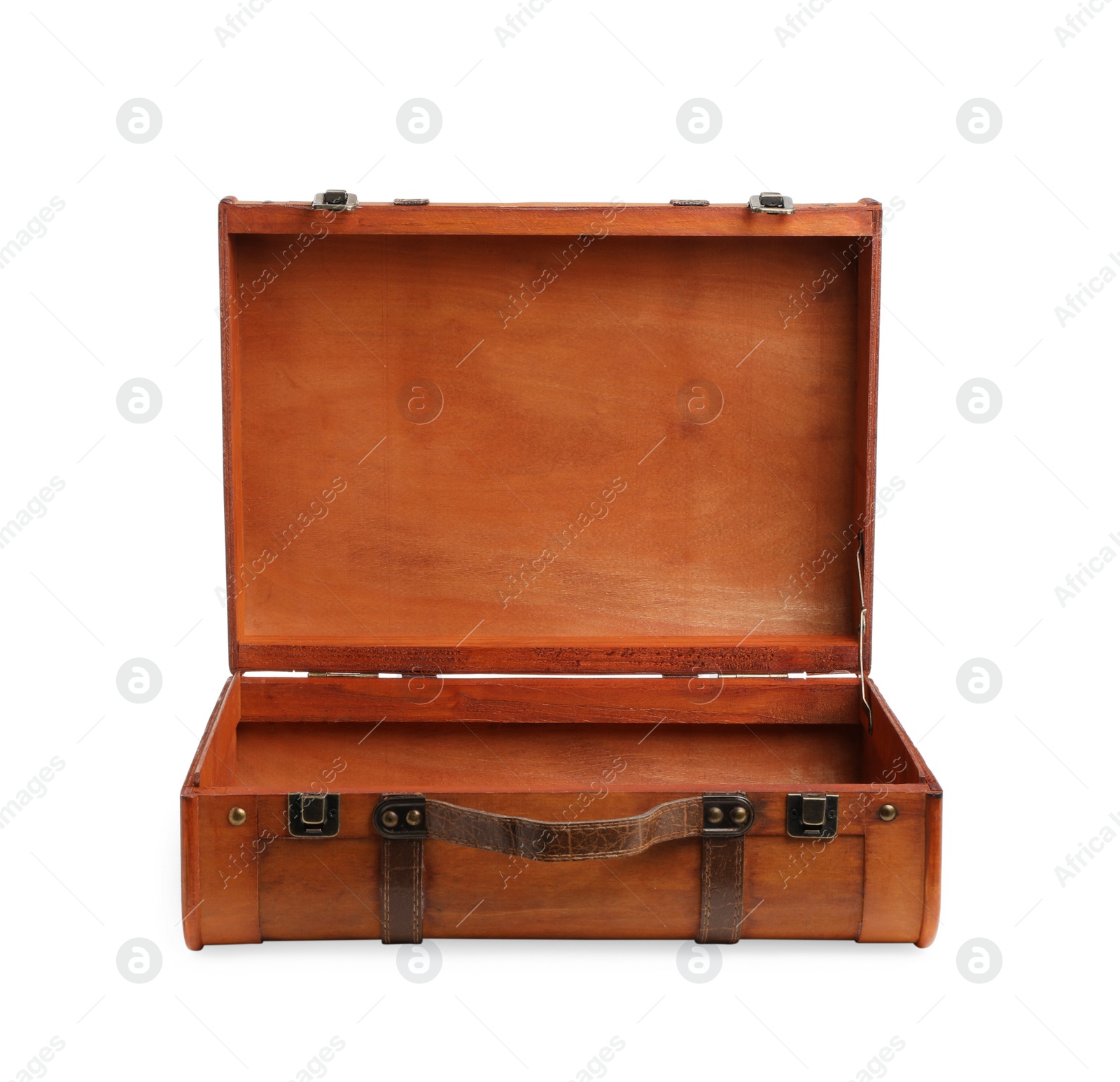 Photo of Opened brown stylish suitcase on white background