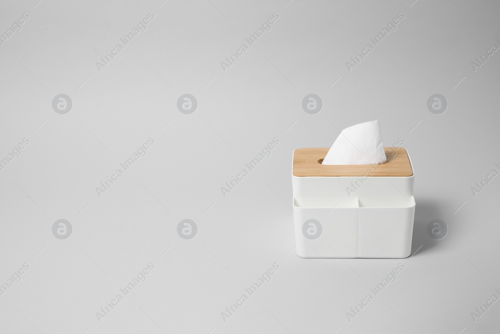 Photo of Holder with paper tissues on light grey background. Space for text