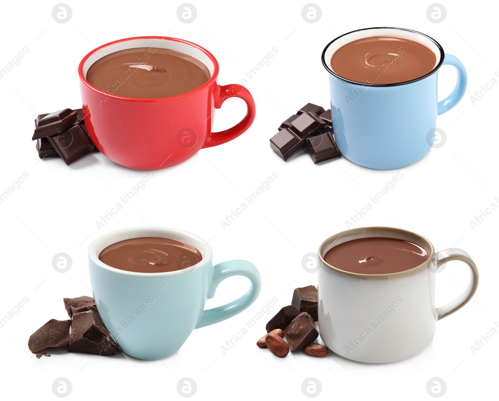 Image of Delicious hot chocolate in cups isolated on white, set