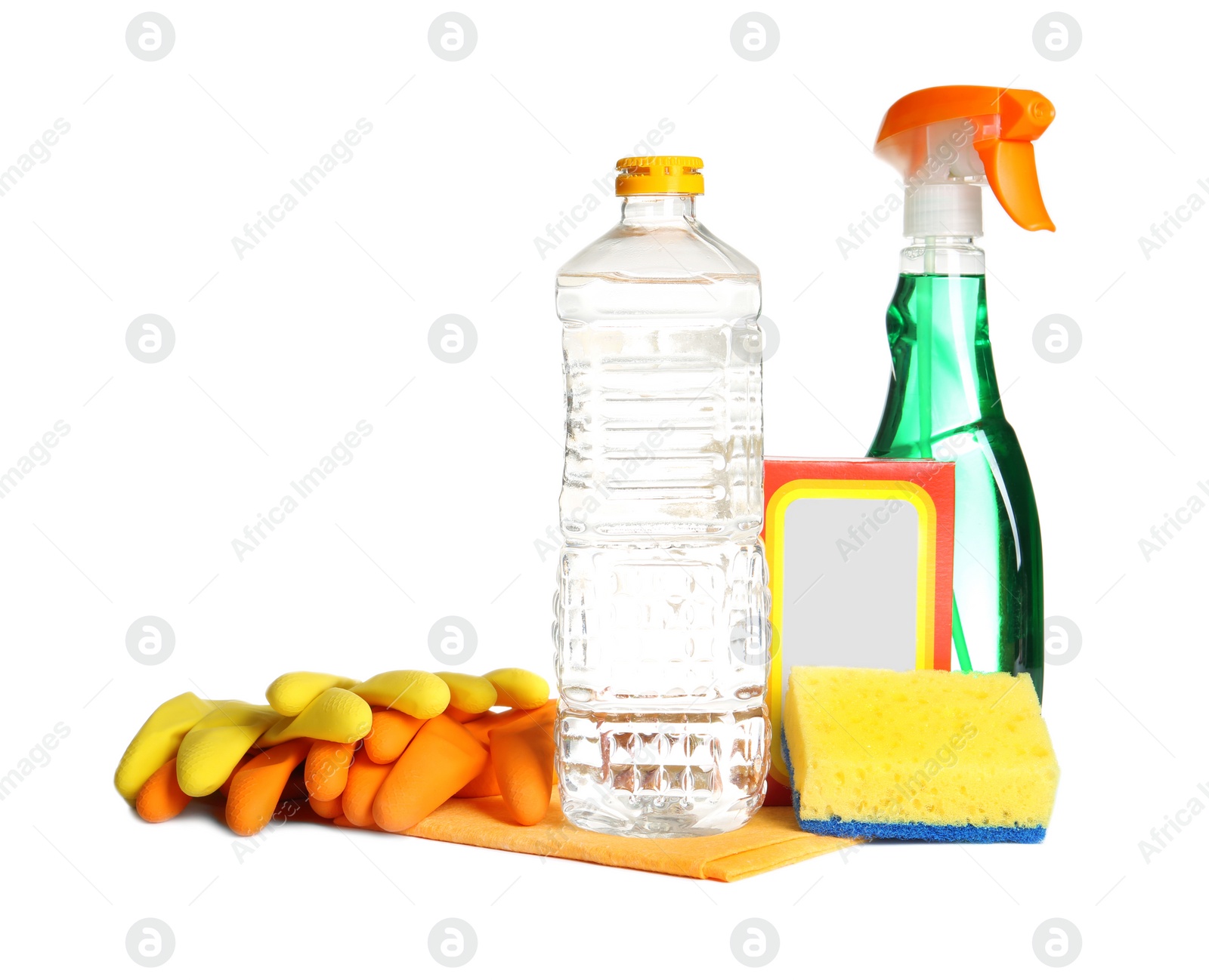 Photo of Composition with vinegar and cleaning supplies on white background