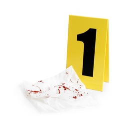 Photo of Bloody napkin and crime scene marker with number 
one isolated on white