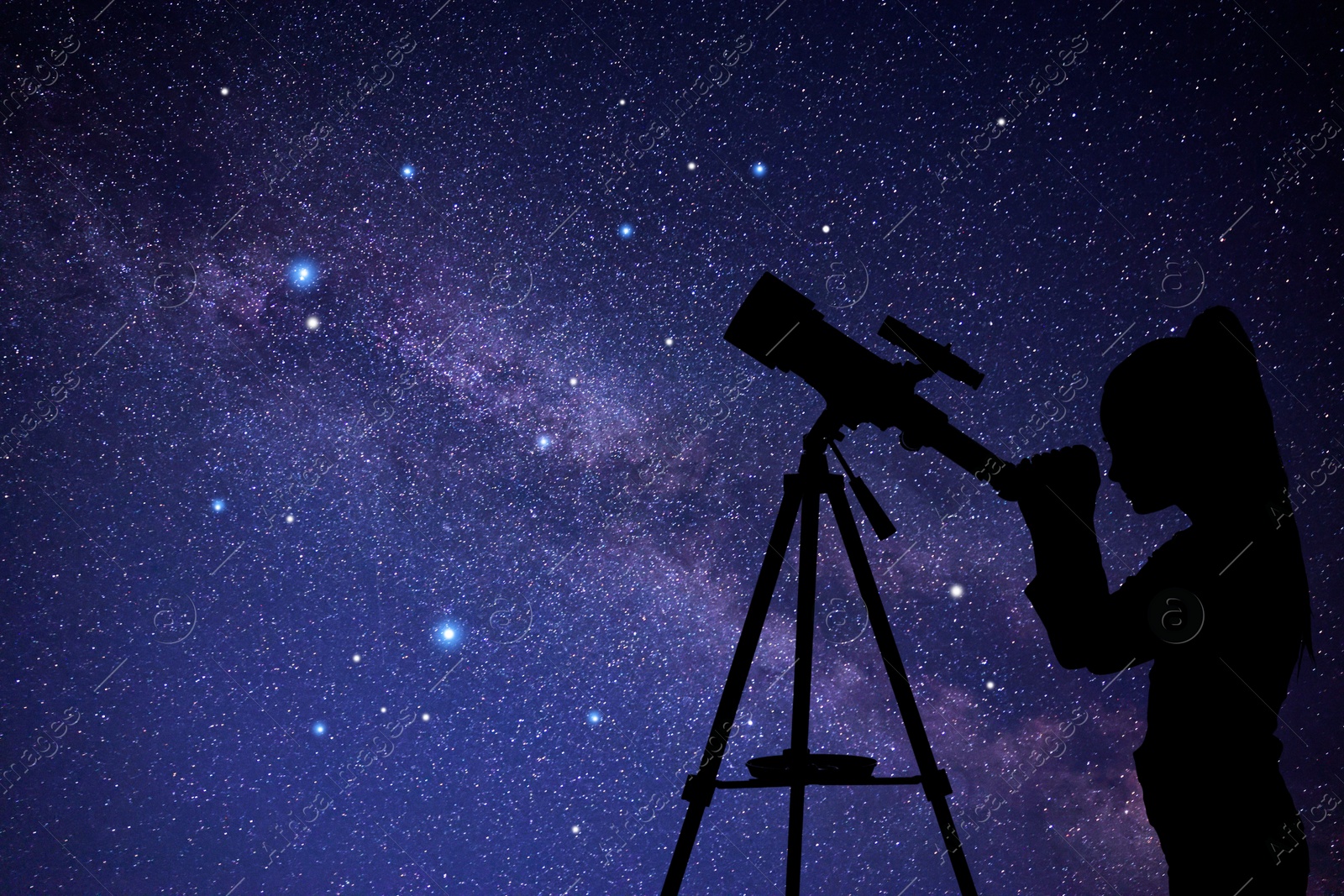 Image of Astronomy. Silhouette of little girl with telescope at starry night outdoors. Space for text