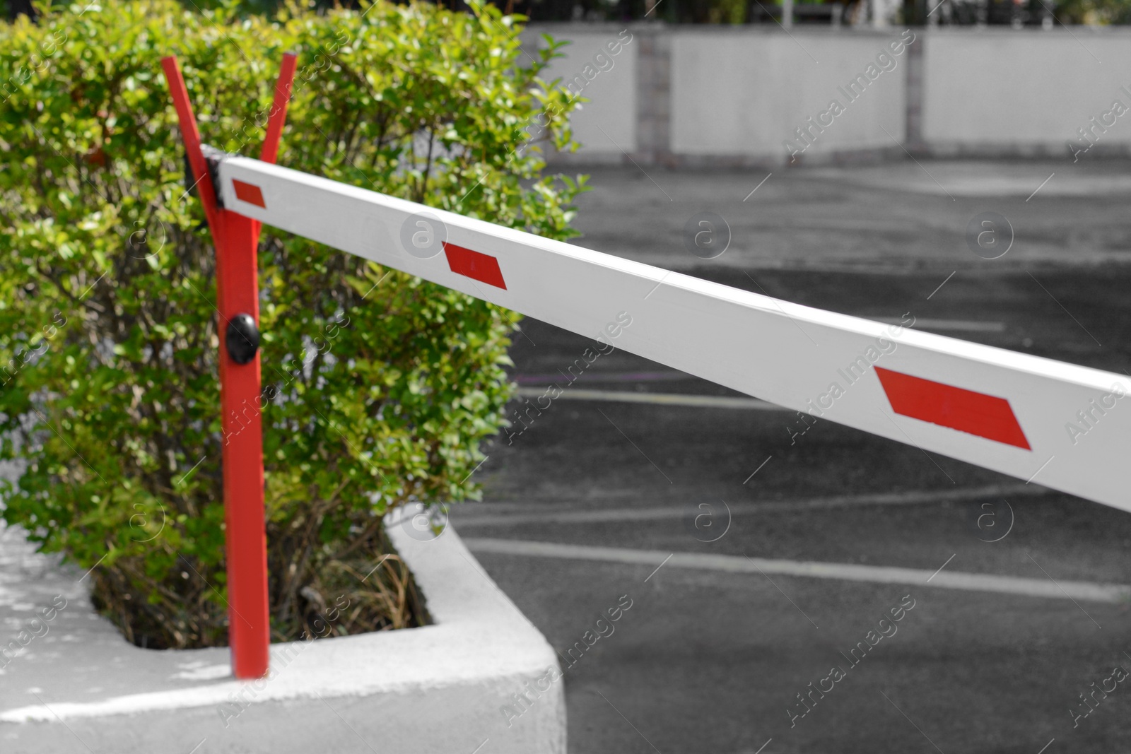 Photo of Closed boom barrier outdoors on sunny day, closeup