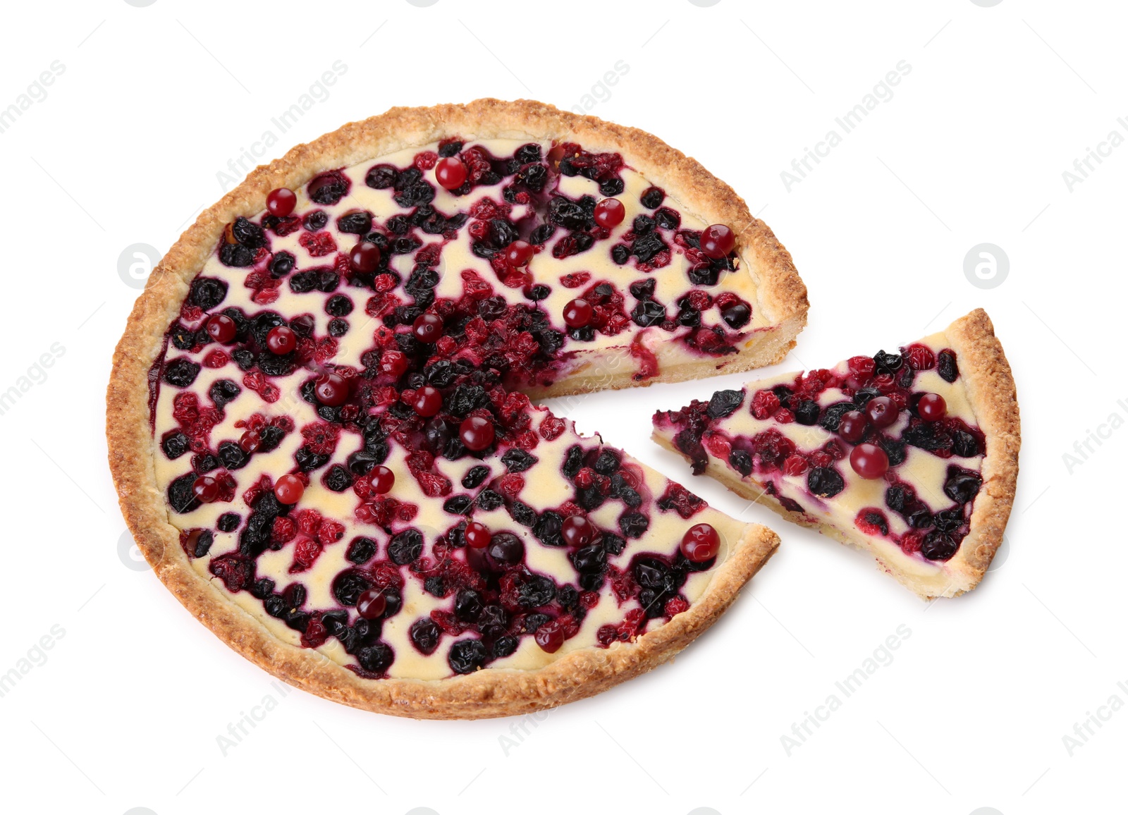 Photo of Delicious cut currant pie isolated on white