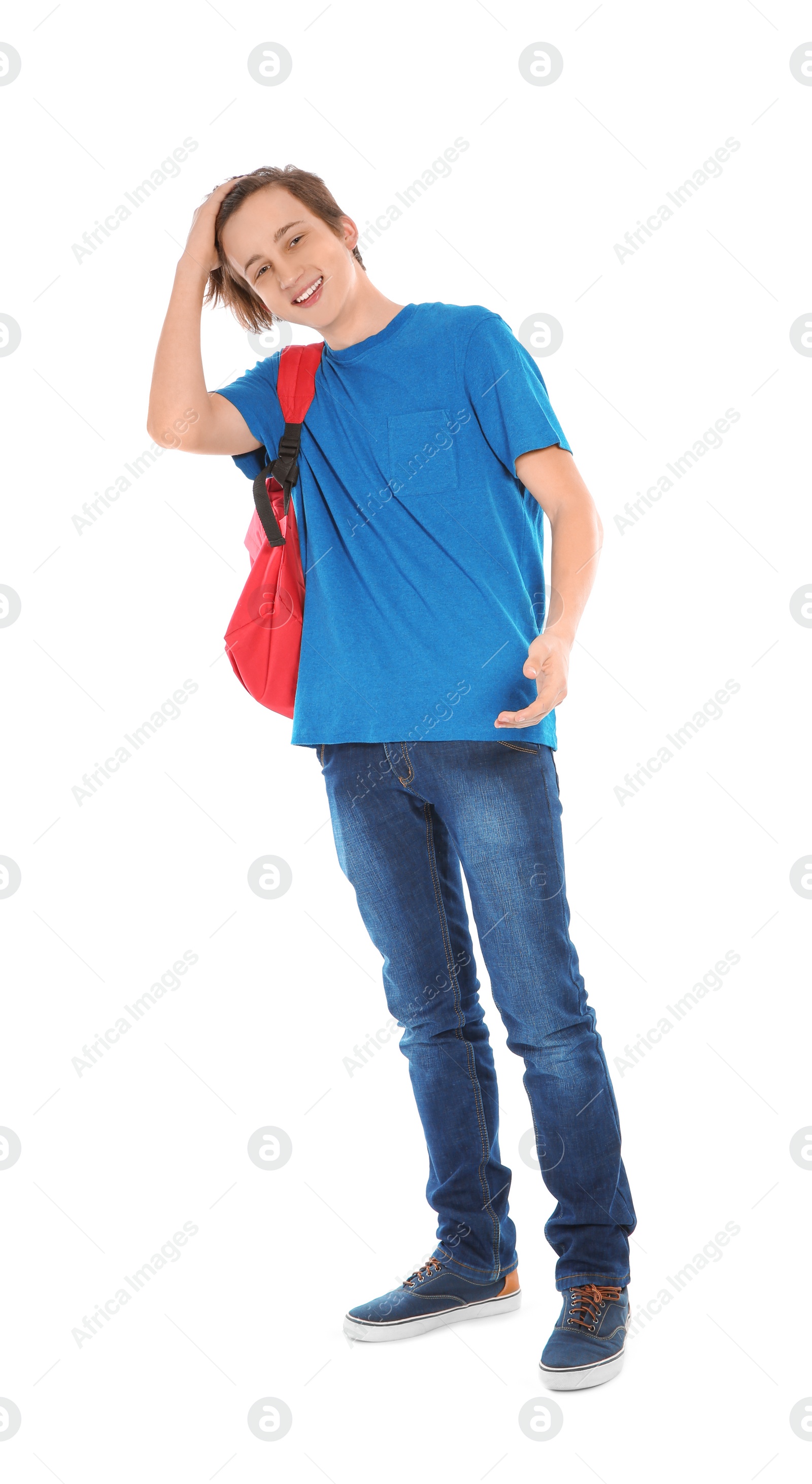 Photo of Teenager boy in casual clothes on white background