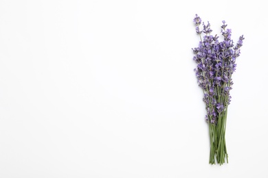 Photo of Beautiful lavender flowers on white background, top view. Space for text