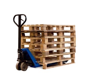 Image of Modern manual forklift with wooden pallets on white background