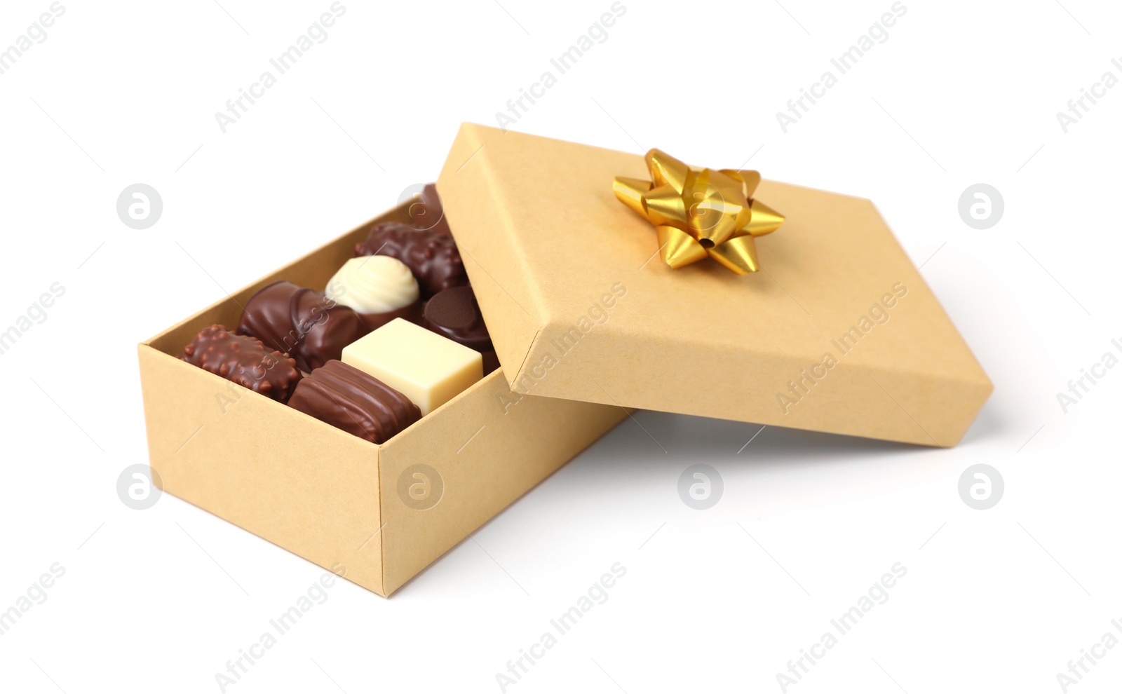 Box with tasty chocolate candies isolated on white Photo of Box with tasty chocolate candies isolated on white