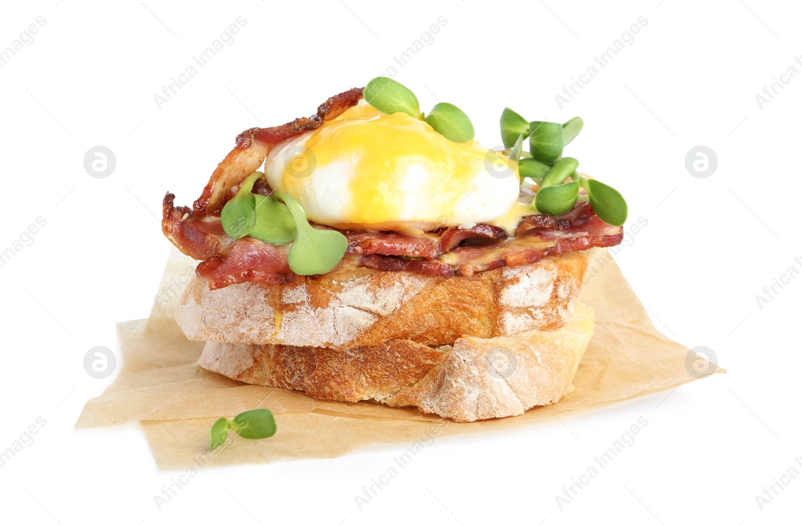 Photo of Tasty egg Benedict with sprouts isolated on white