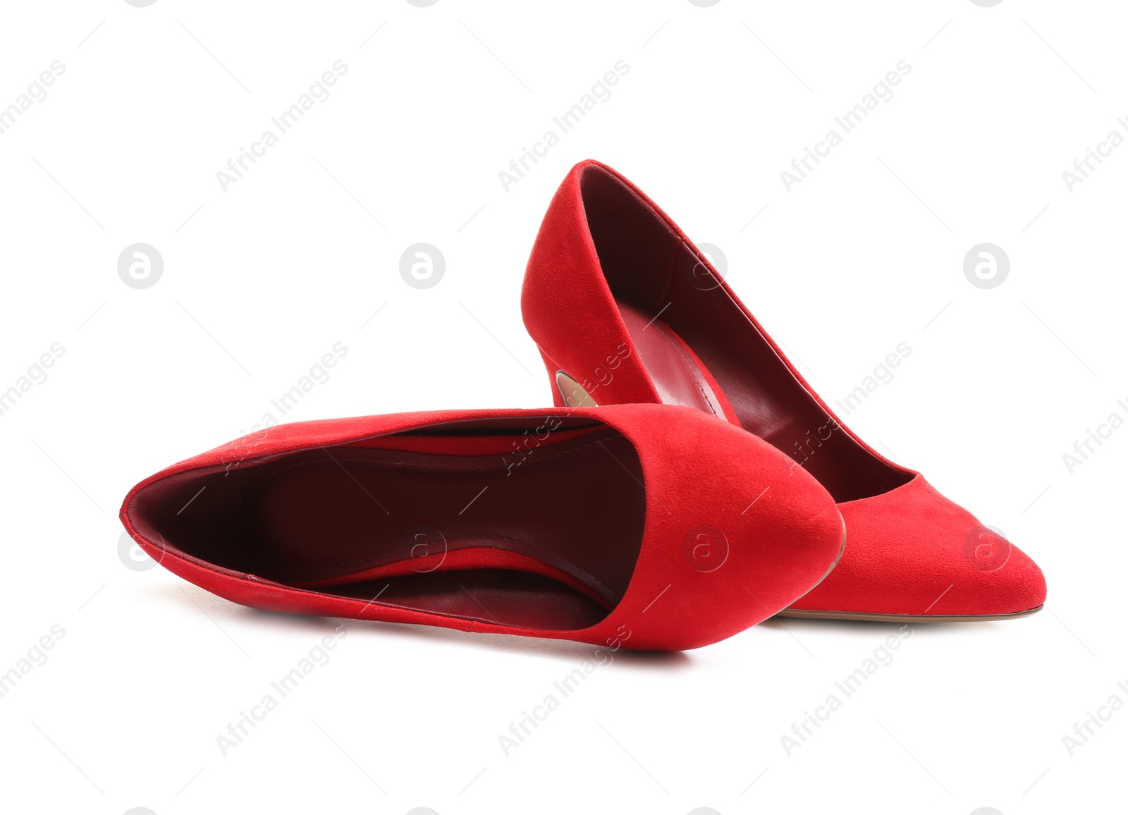 Photo of Stylish high heel shoes on white background