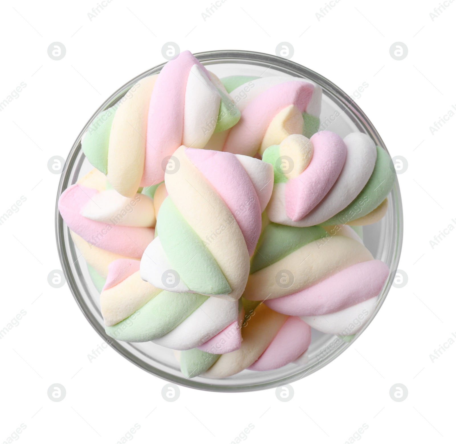 Photo of Delicious colorful marshmallows in glass bowl isolated on white, top view