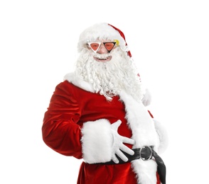 Photo of Authentic Santa Claus wearing funky sunglasses on white background
