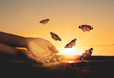 Image of Woman releasing butterflies against sunrise near river, closeup. Freedom concept