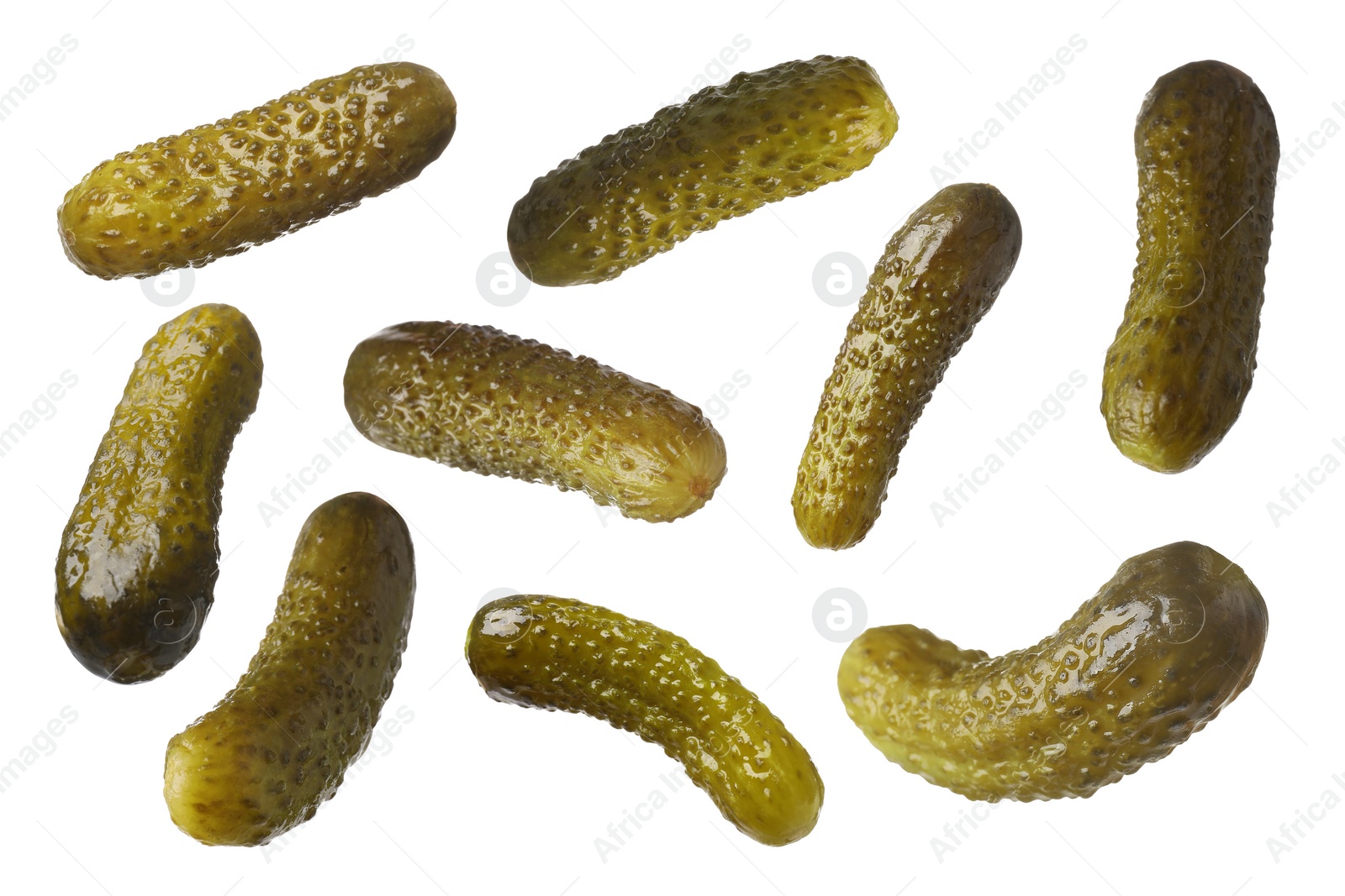 Image of Tasty pickled cucumbers isolated on white, set