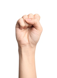 Photo of Woman showing S letter on white background, closeup. Sign language