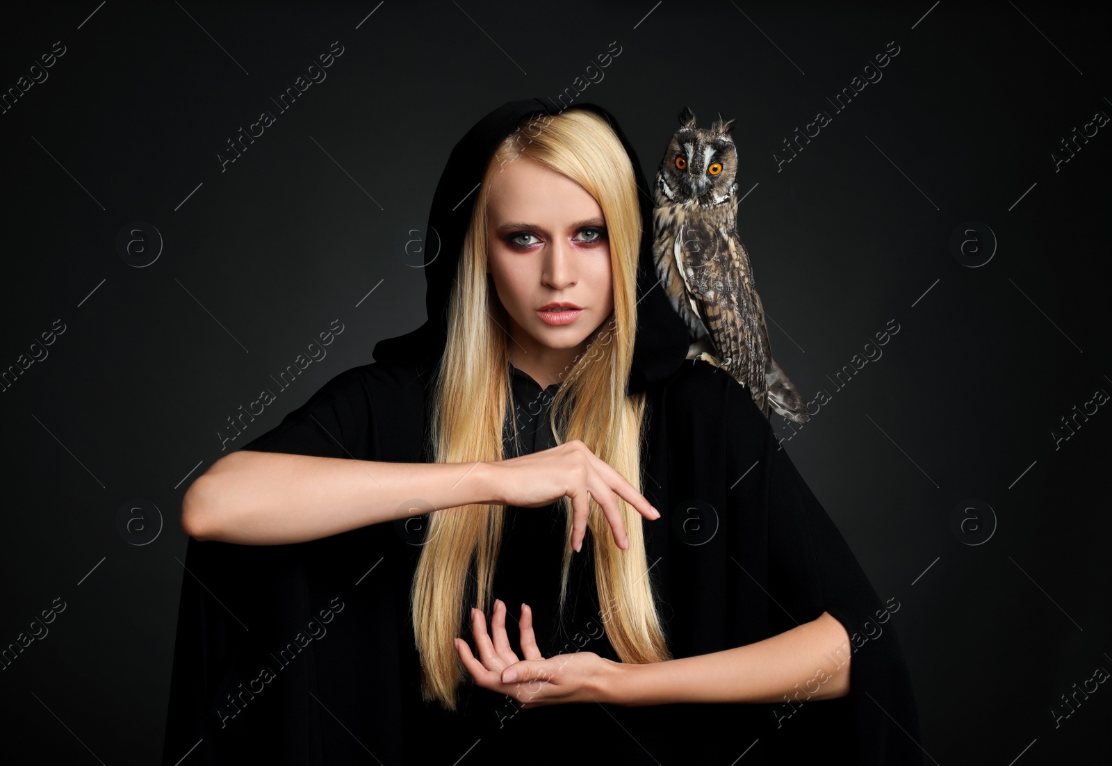 Photo of Witch in black mantle with owl on dark background. Scary fantasy character