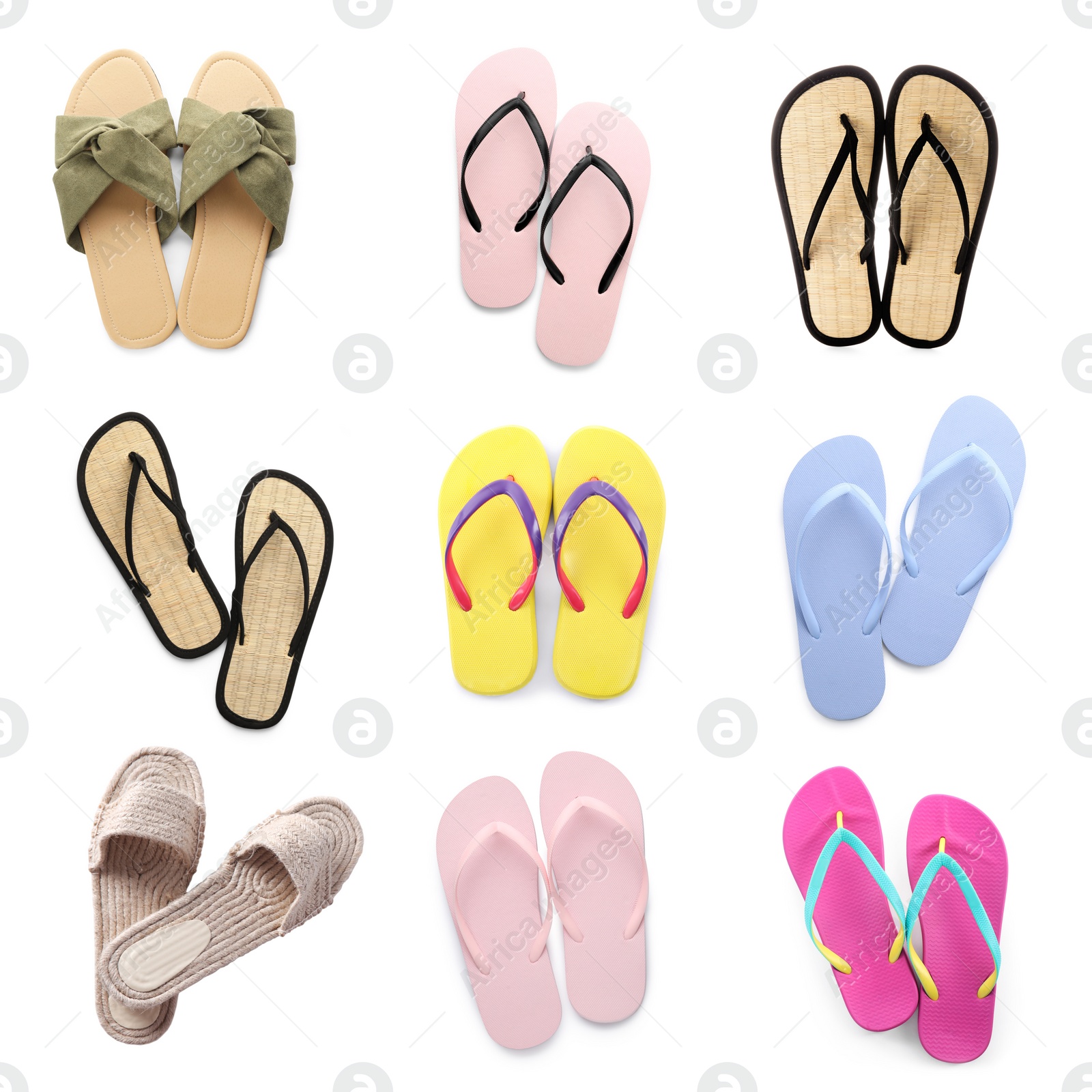 Image of Set with pairs of stylish flip flops on white background, top view 