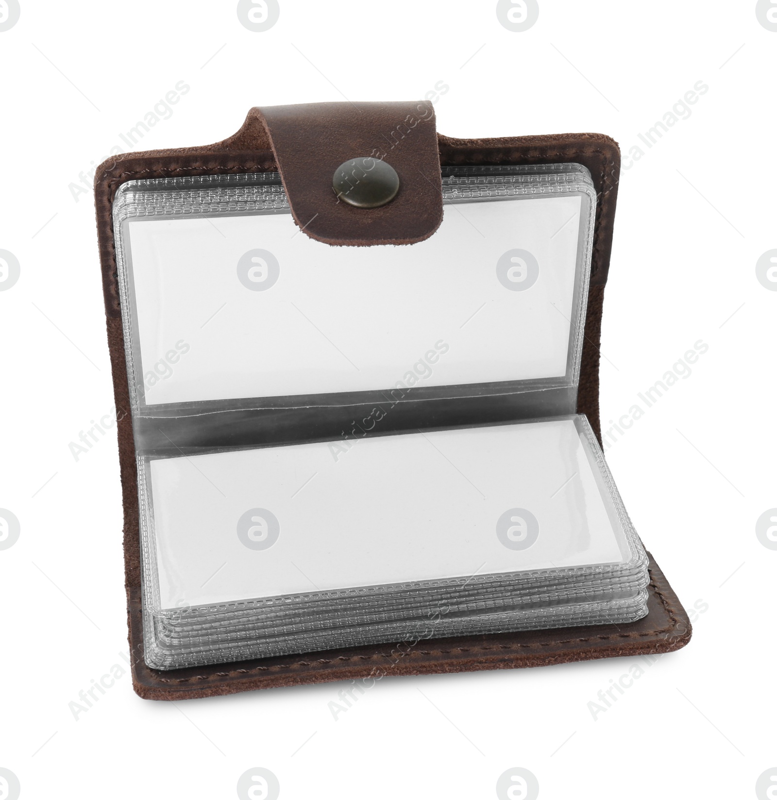 Photo of Leather business card holder with blank cards isolated on white