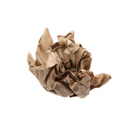 Photo of Crumpled sheet of kraft paper isolated on white, top view