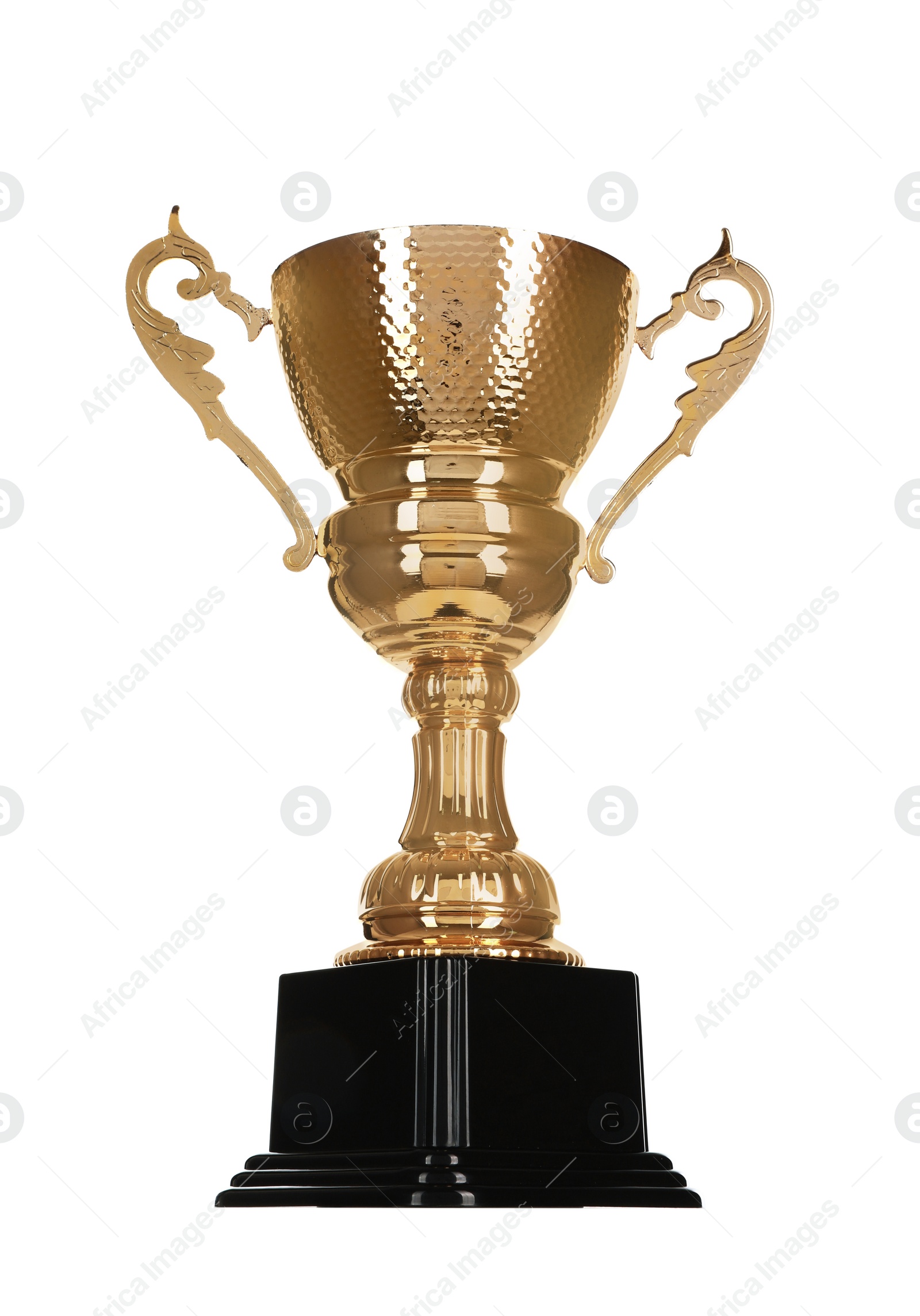 Photo of Shiny gold cup on white background. Winner's trophy