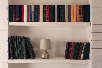 Shelves with different books and lamp on light wall