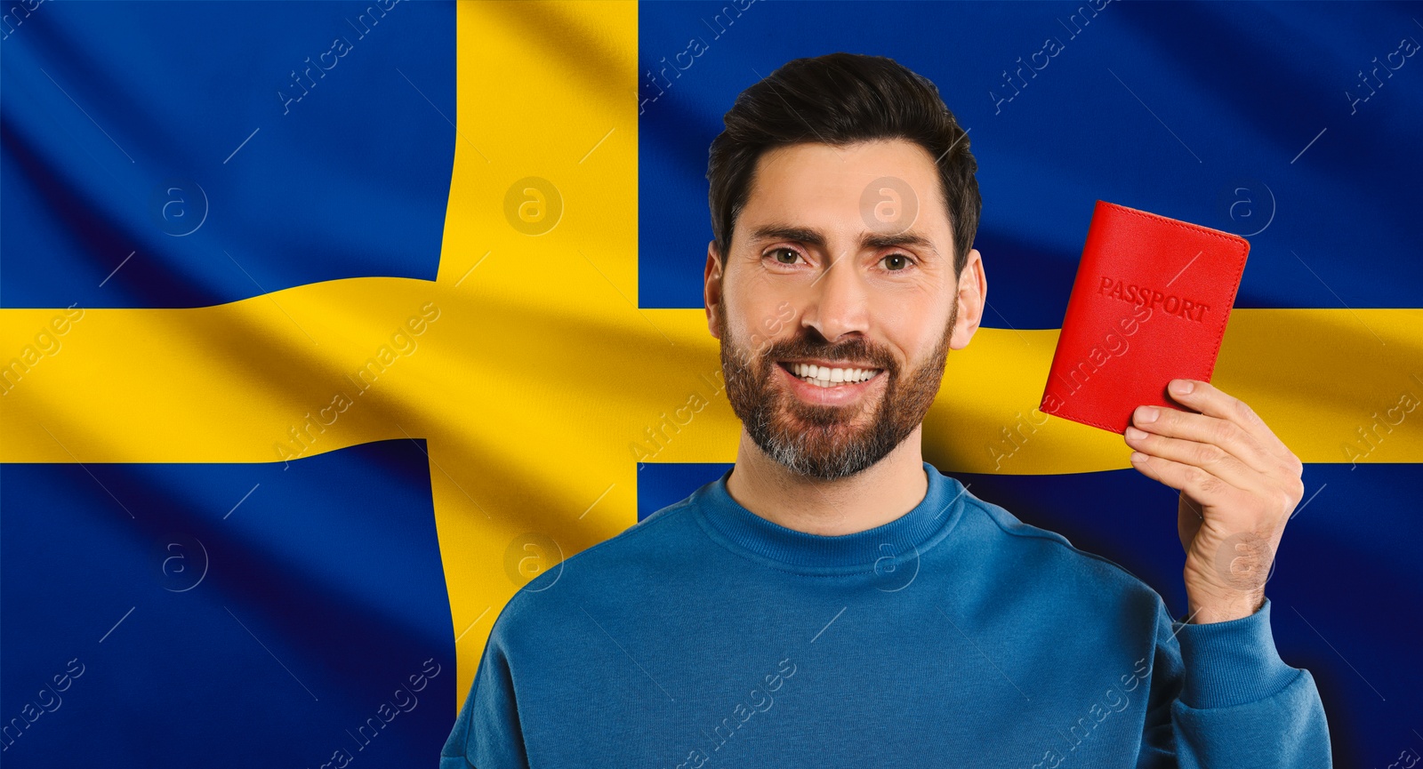 Image of Immigration. Happy man with passport against national flag of Sweden, space for text. Banner design