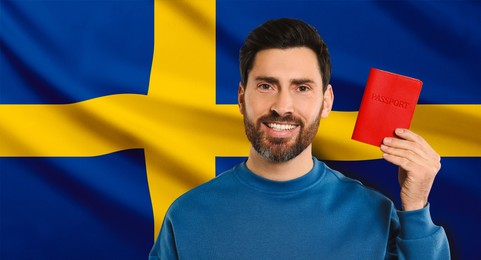 Immigration. Happy man with passport against national flag of Sweden, space for text. Banner design