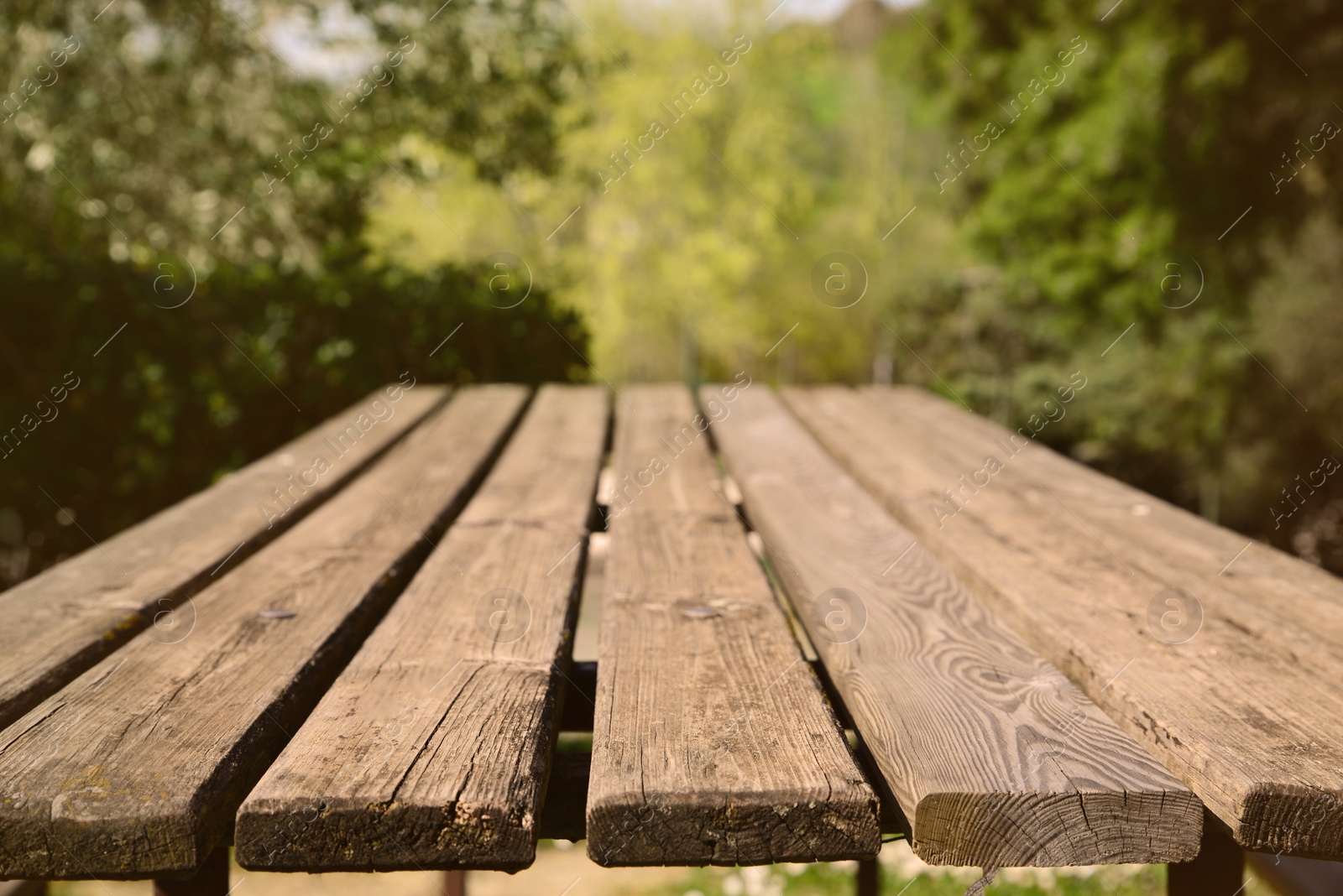 Photo of Empty wooden table in park on sunny day, closeup. Space for text