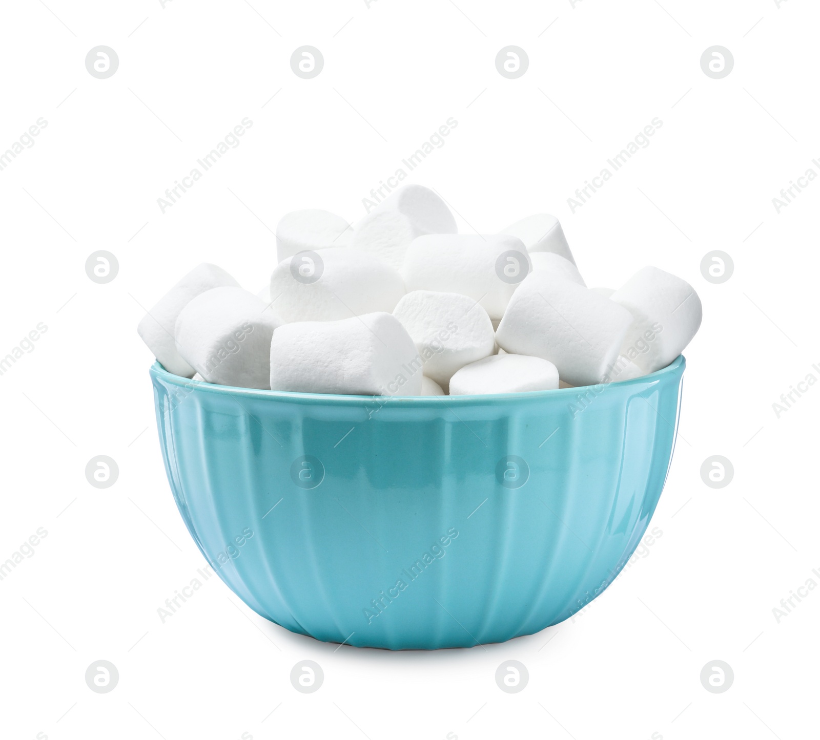 Photo of Delicious puffy marshmallows in bowl on white background