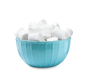 Delicious puffy marshmallows in bowl on white background