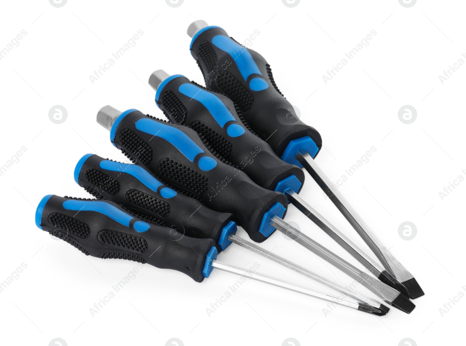 Photo of Set of screwdrivers with blue handles isolated on white