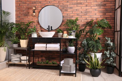 Stylish bathroom interior with modern sink, furniture and beautiful green houseplants