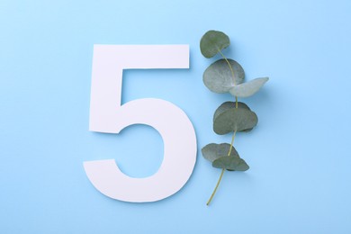 Paper number 5 and eucalyptus branch on light blue background, top view