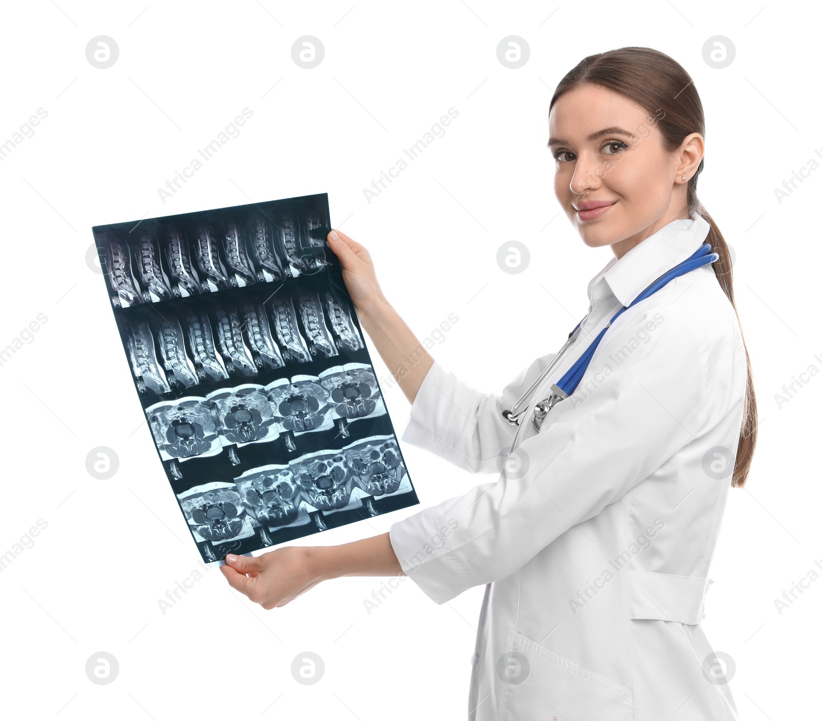 Photo of Orthopedist holding X-ray picture on white background