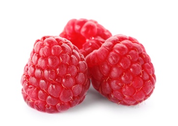 Photo of Delicious fresh ripe raspberries on white background