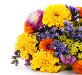 Photo of Bunch of beautiful wild flowers on white background