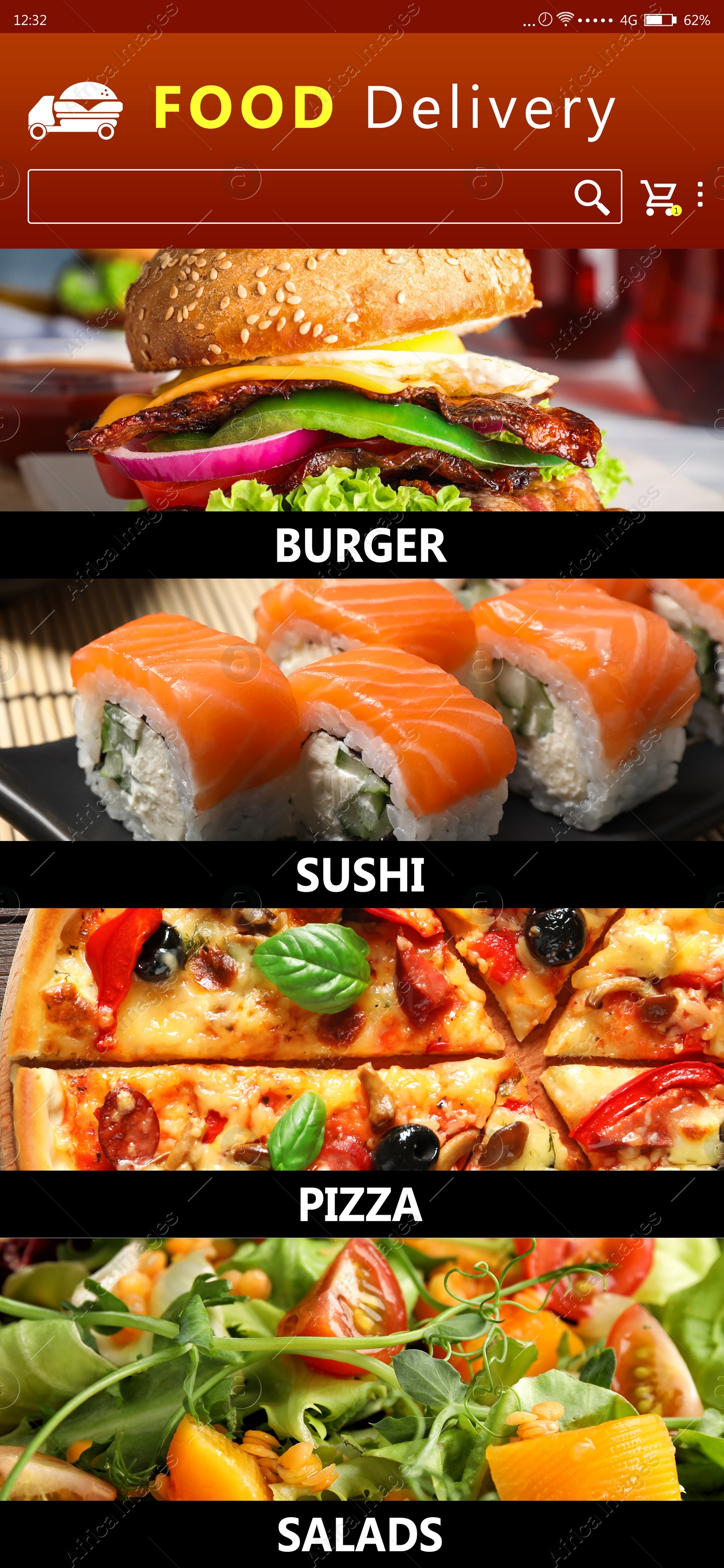 Image of Food delivery app. Display with appetizing menu