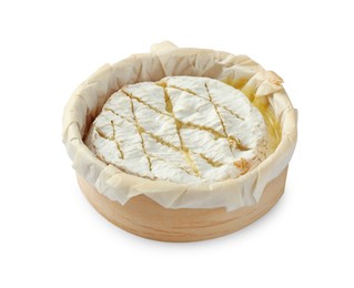 Tasty baked brie cheese isolated on white