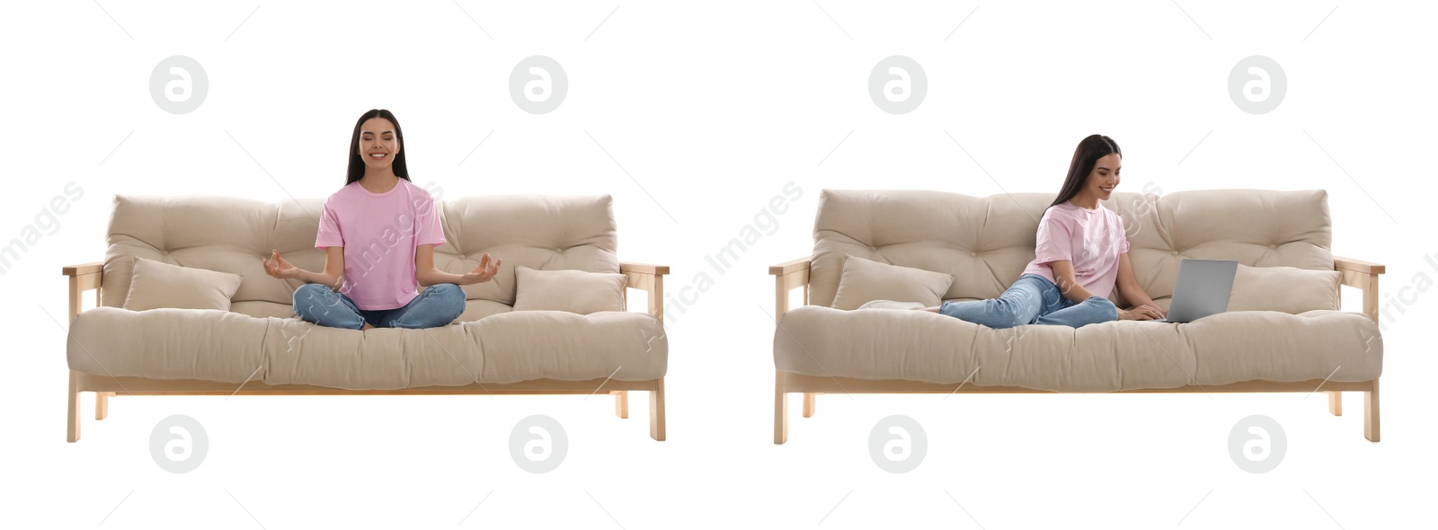 Image of Woman resting on stylish sofa against white background, collage. Banner design