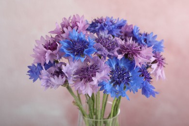 Photo of Bouquet of beautiful cornflowers in glass vase against pink background, closeup