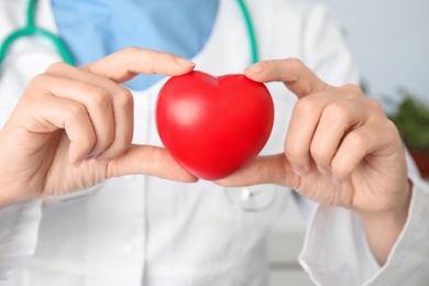 Doctor holding red heart, closeup. Cardiology concept